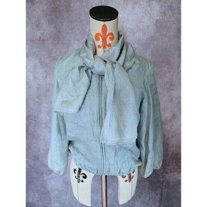 Lorick 100% Silk Designer Blue Blouse Top Full Zip Pockets Scarf Collar Womens 4